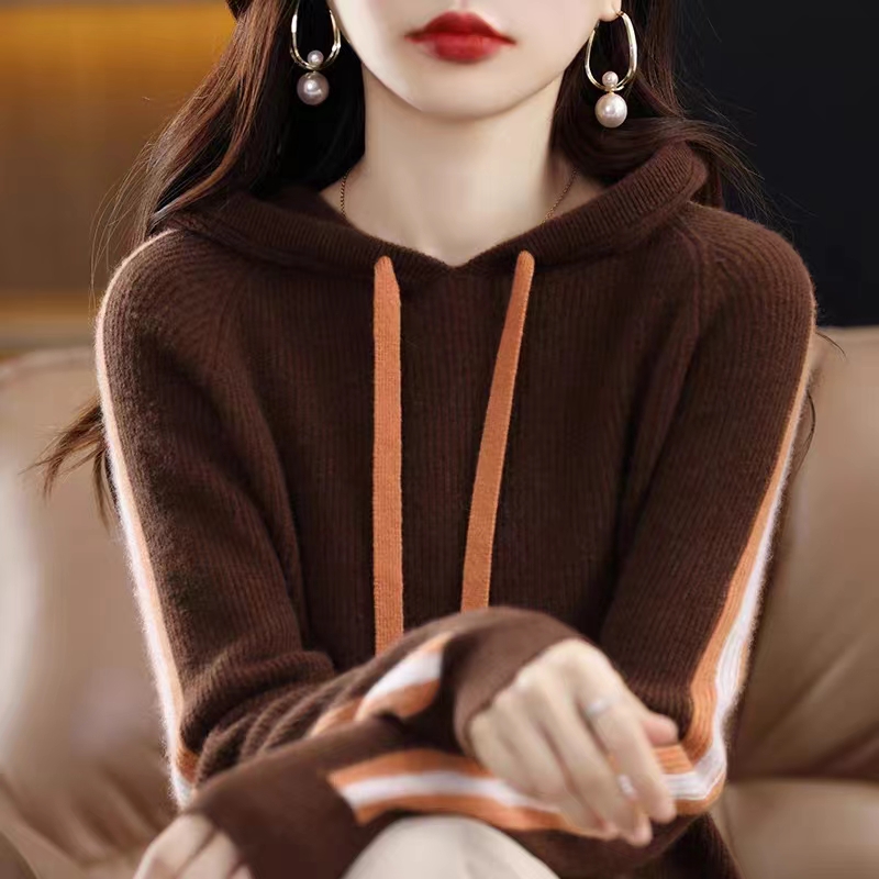 秋季新款100純羊毛衫女寬鬆休閒連帽衛衣時尚拼色針織羊絨連帽衫