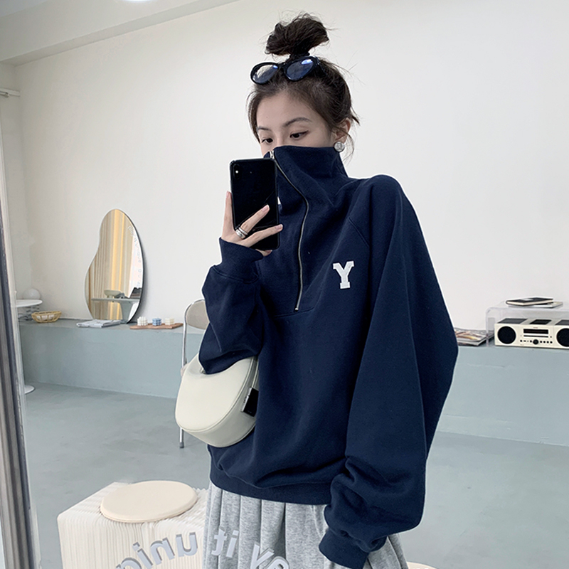 Big fish scale embroidered American retro sweatshirt women's polo collar half zipper