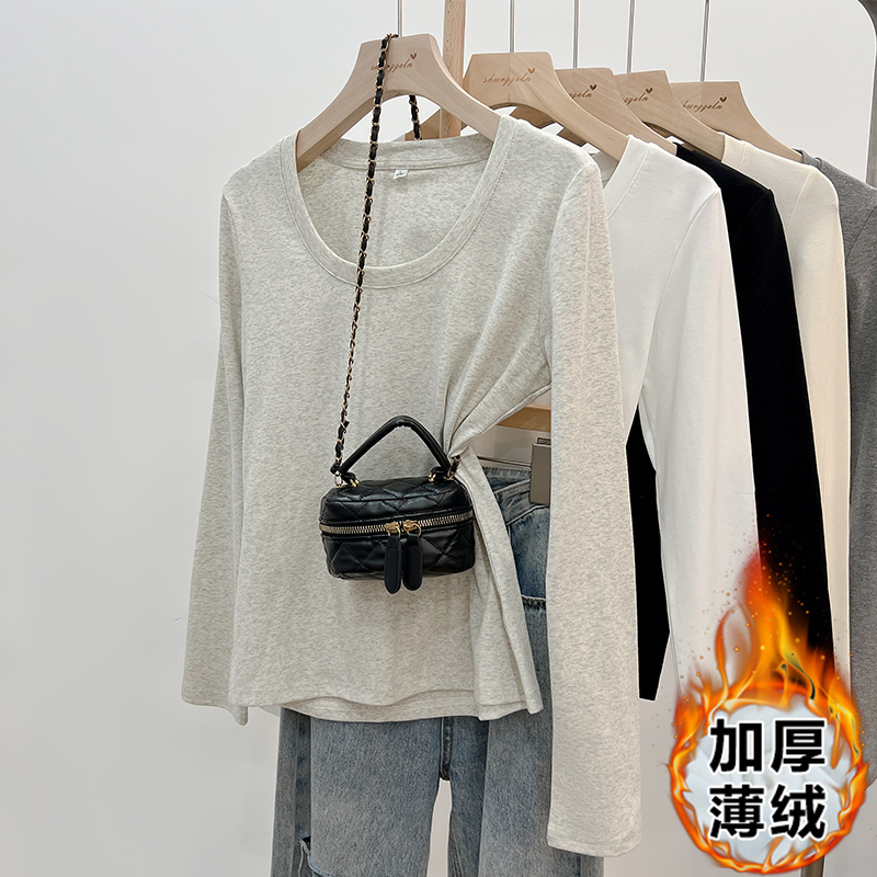實拍基礎款U領長袖t恤女春秋冬內搭加絨保暖修身低領鎖骨上衣