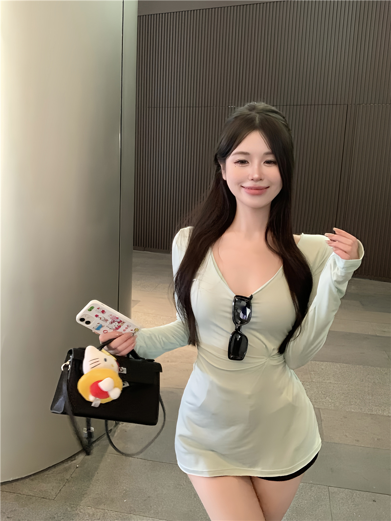 Real shot~Pure Desire V-neck drapey long-sleeved T-shirt, lazy and loose, right shoulder and waist, paper man mid-length top