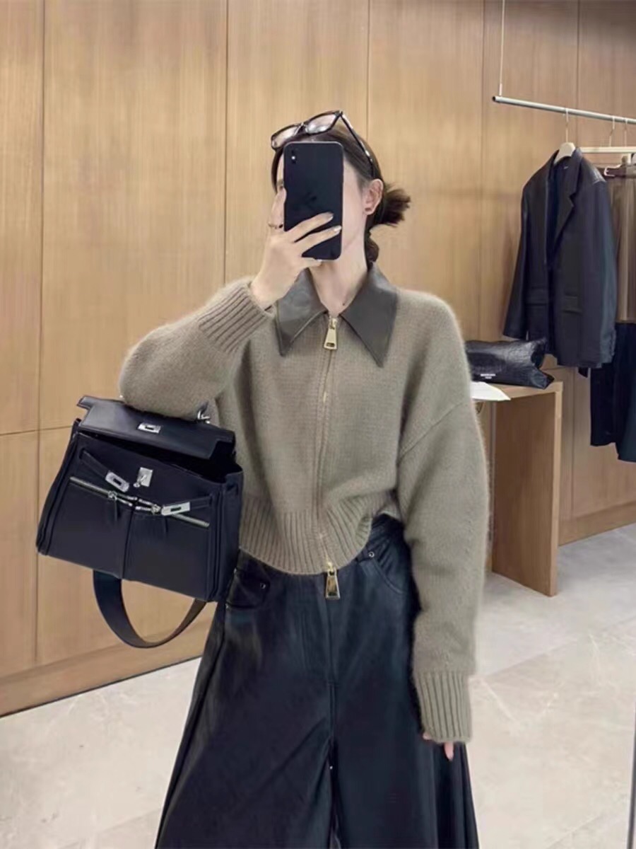 設計感拼皮雙拉鏈針織外套秋女2023時尚名媛洋氣短款軟糯毛衣開衫
