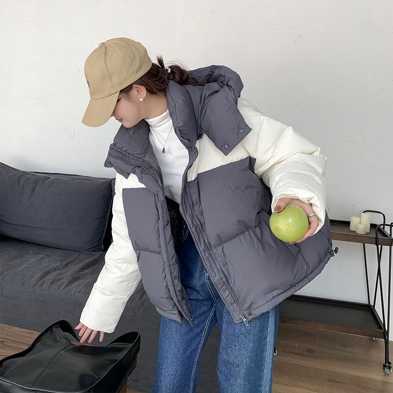 韓版拼色連帽2023新款寬鬆短款小個子ins時尚麵包服棉衣外套潮
