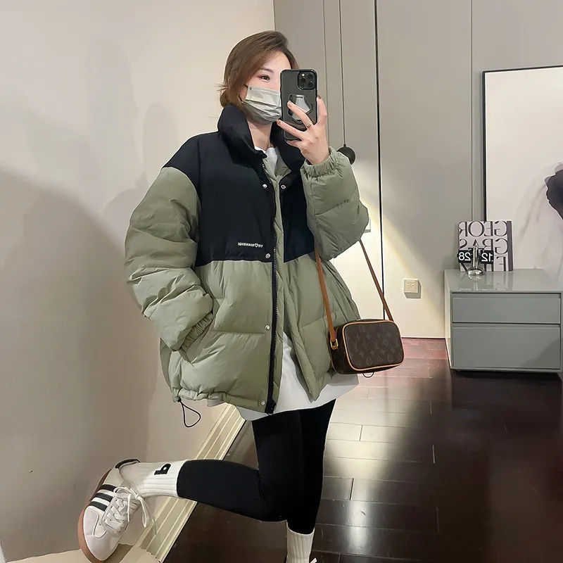 韓系短款羽絨服女2023年新款小眾設計感拼色麵包服小個子冬季外套