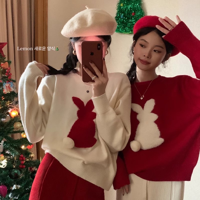 紅色兔子毛衣女秋冬本命年2023兔年新年衣服過年聖誕外套上衣