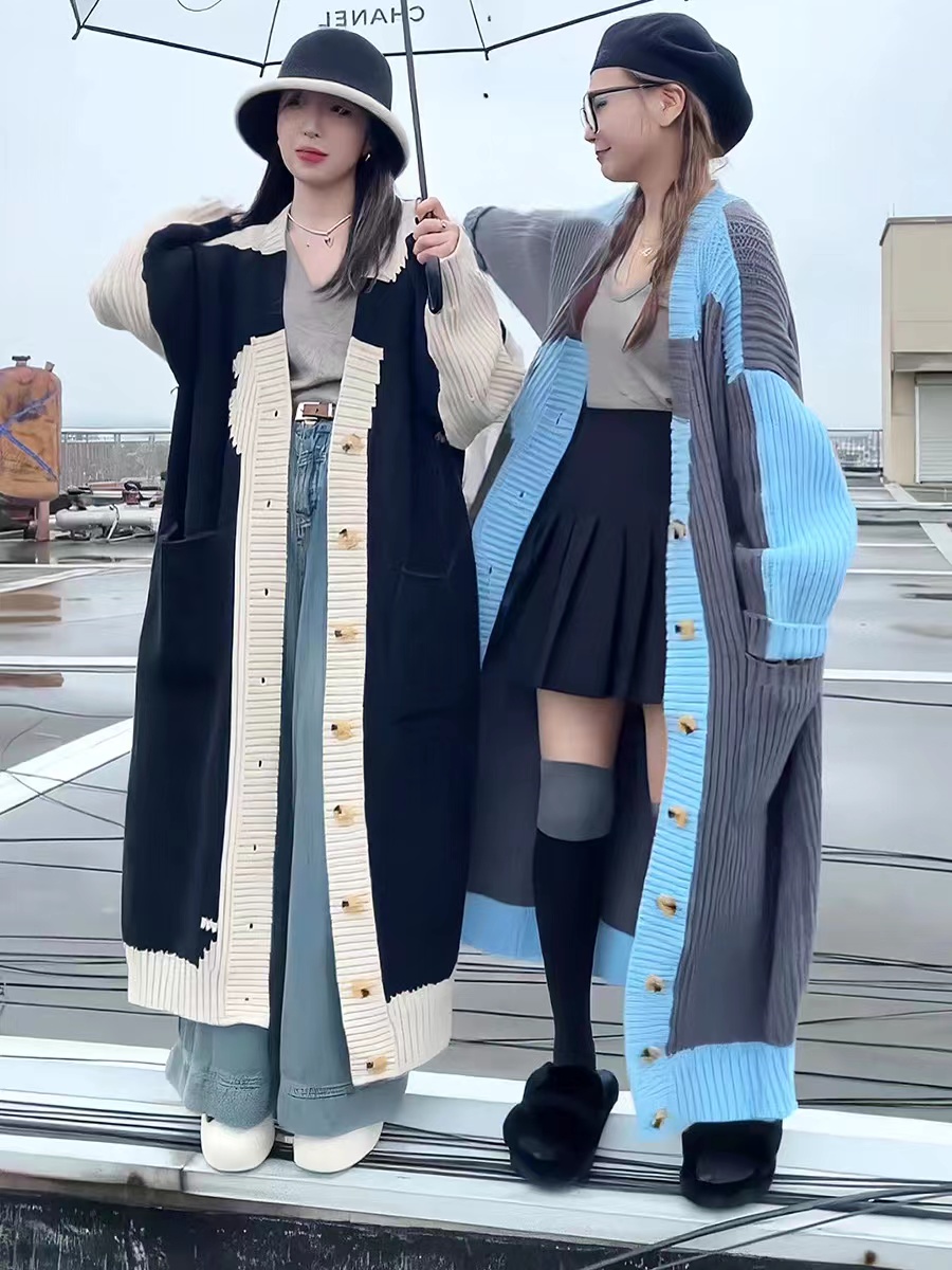 Lazy style, niche color matching design, long knee-length wool knitted cardigan, elegant lady style, Korean style casual wear