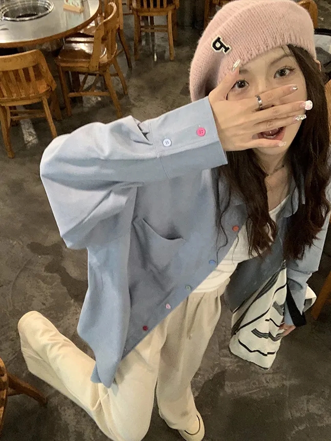 American candy button shirt for women 2023 autumn new style lazy style loose casual slim long-sleeved lapel shirt trendy