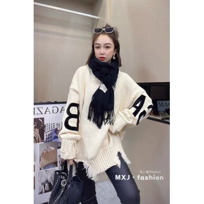 歐貨慵懶風軟糯寬鬆毛衣女秋冬寬鬆圓領破邊設計感洋氣外穿針織衫