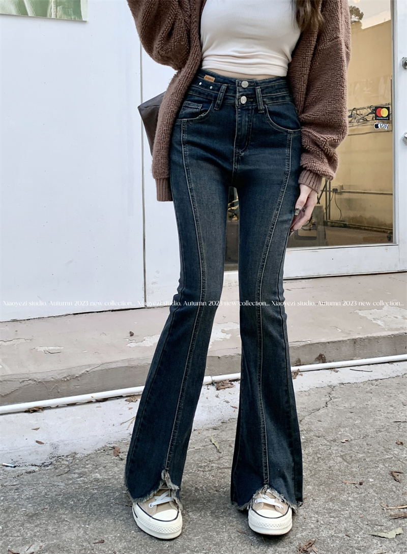實拍 秋冬新款彈力高腰微喇開叉修身顯瘦百搭長牛仔褲女