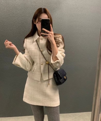 Korean chic autumn new French lapel tweed long-sleeved small coat + A-line skirt