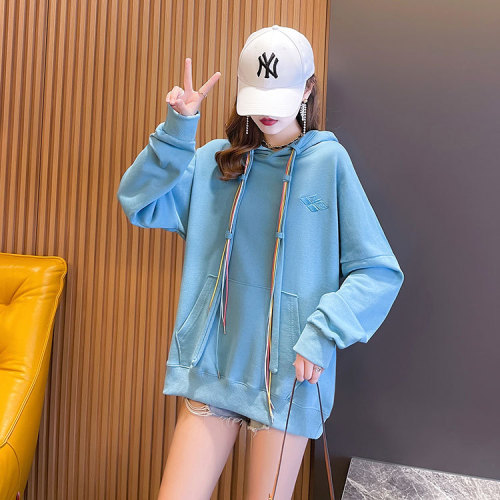 Actual shot of spring and autumn new style loose large size embroidered hooded sweatshirt for women
