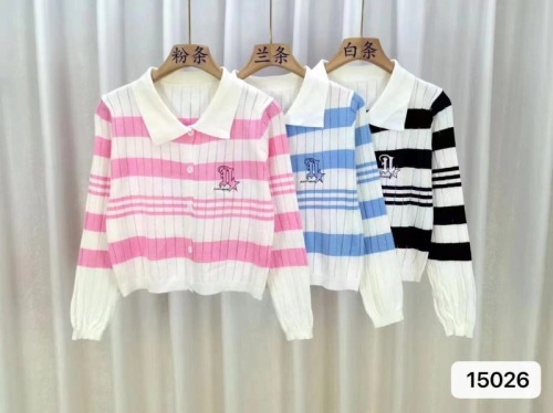  new autumn Korean style doll collar knitted sweater for women spring and autumn striped cardigan jacket top for women