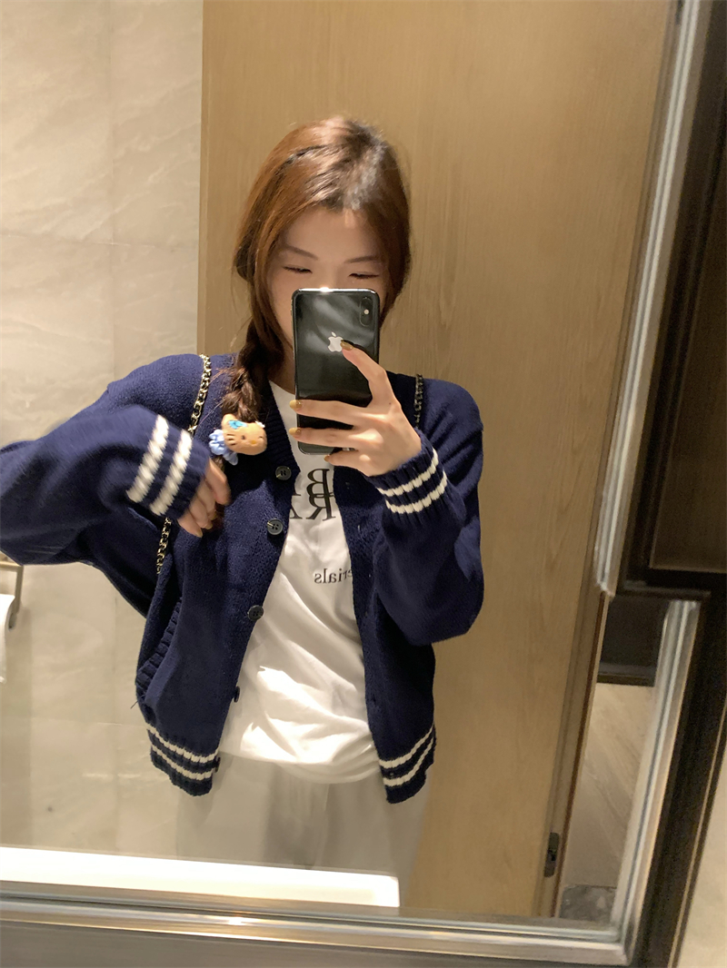 Real shot~Korean college style lazy contrast color sweater jacket knitted cardigan