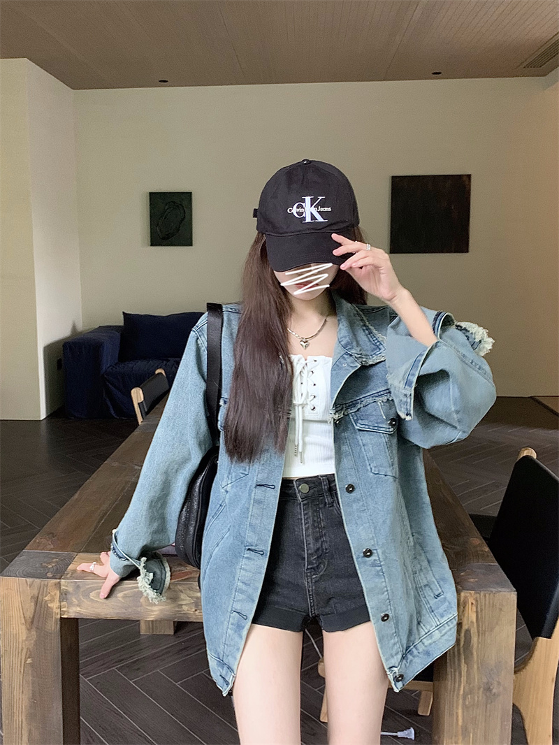 Actual shot ~ 2023 new retro washed design niche Korean version loose tassel raw edge denim jacket
