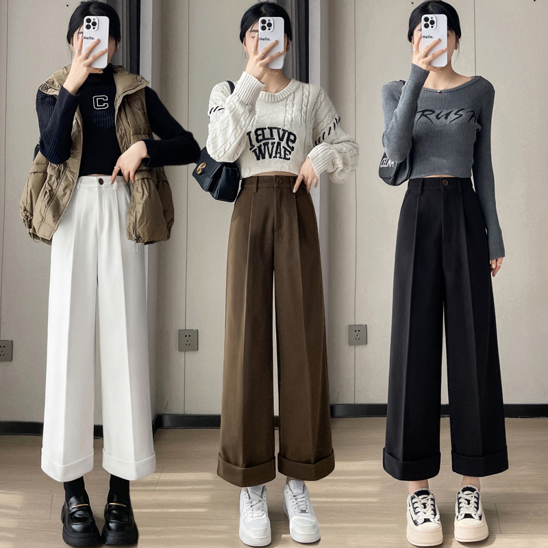Real shot of woolen wide-leg pants for women 2023 autumn and winter new style high-waisted slim casual nine-point straight cuffed pants