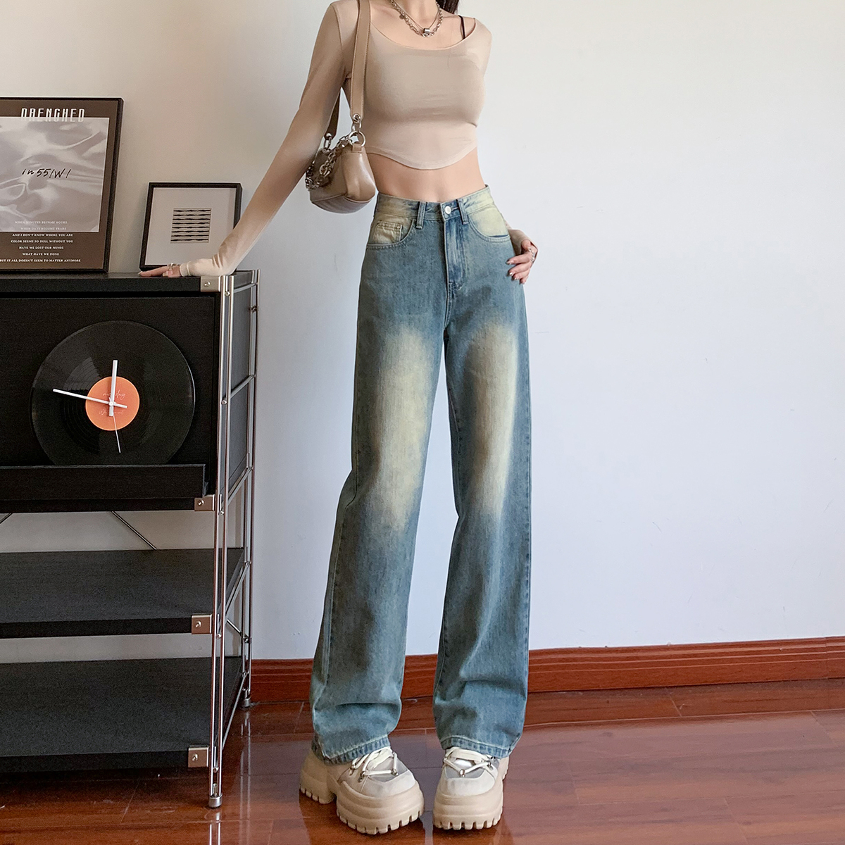 實拍2023秋季美式窄版闊腿牛仔褲女高腰顯瘦