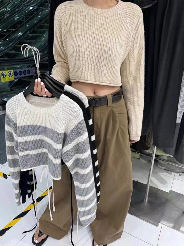 New Autumn Clothes Pure Lust Style Back Hollow Strap Short Long Sleeve Striped Sweater Top for Women