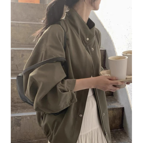 Korean chic autumn and winter retro style stand-up collar single-breasted loose versatile lantern sleeve short jacket for women