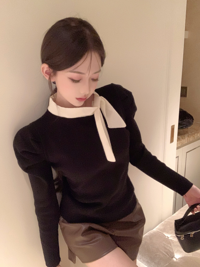 實拍 法式赫本風氣質小領結毛衣女秋冬時髦泡泡袖套頭長袖針織衫
