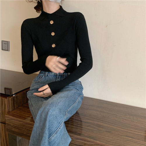 Real shot of core-spun yarn, half-turtleneck sweater for women, fashionable western-style button long-sleeved top, bottoming sweater