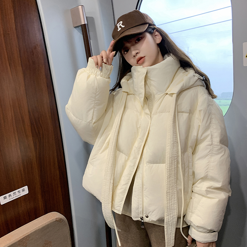 實拍2023新款蝴蝶結冬季韓版羽絨棉服短款連帽加厚時尚小個子外套