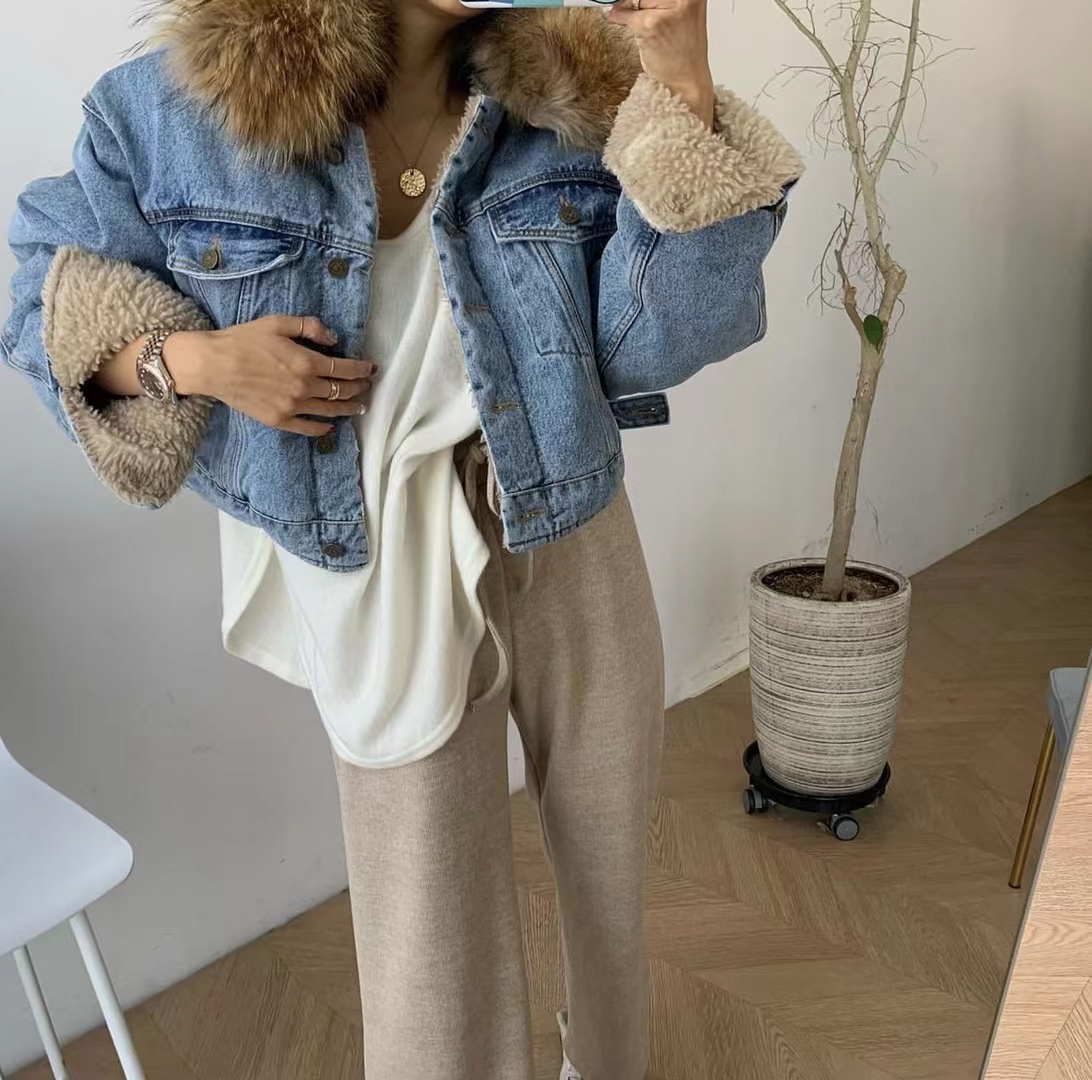 Korean winter velvet thickened imitation lamb fur collar denim jacket women's short versatile loose lamb velvet jacket