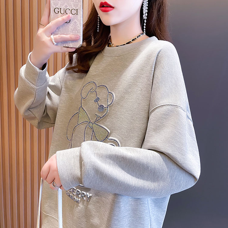 Actual shot of new autumn Korean style concave and convex hot diamond round neck thin sweatshirt for women