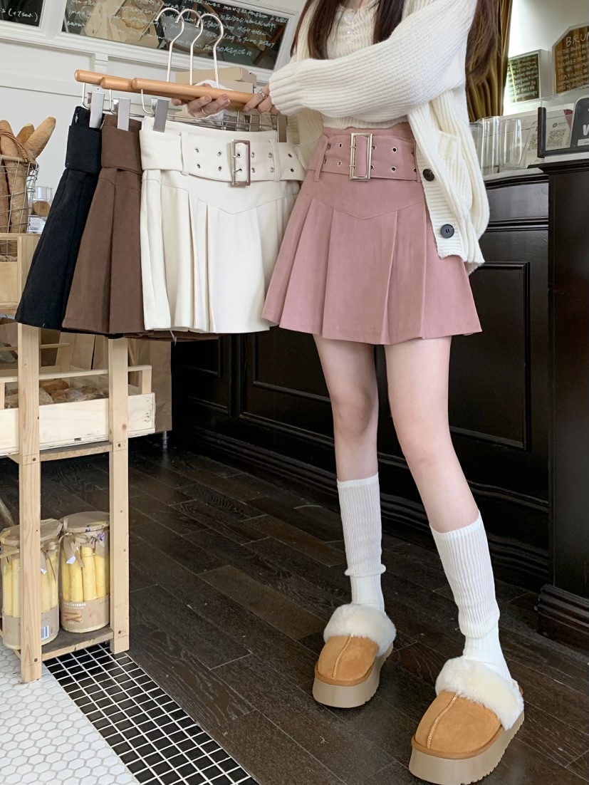 實拍 厚款燈芯絨高腰設計感百褶半身裙A字短裙防走光配腰帶