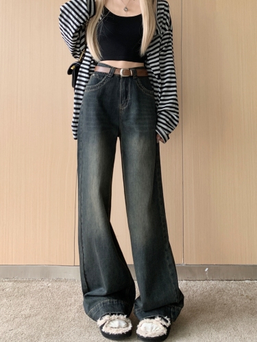Actual shot #New vintage distressed wide-leg denim trousers for women, designed washed loose floor-length trousers
