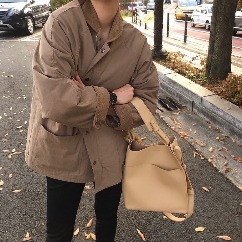 韓國chic 秋冬 復古 燈芯絨拼接 工裝夾棉外套 女棉衣棉服