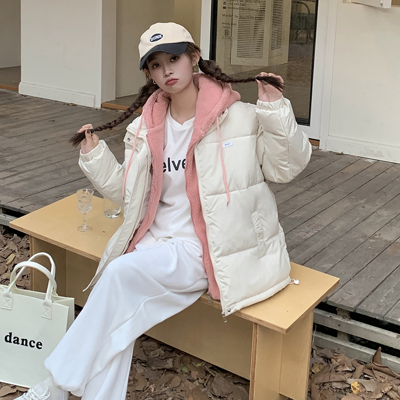實拍羊羔毛拼接假兩件加厚連帽羽絨棉服女2023年新款日系情侶外套
