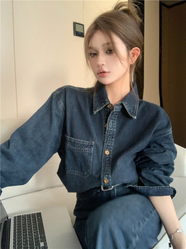 Real shot!  Retro fashion polo collar denim shirt and denim trousers two-piece suit