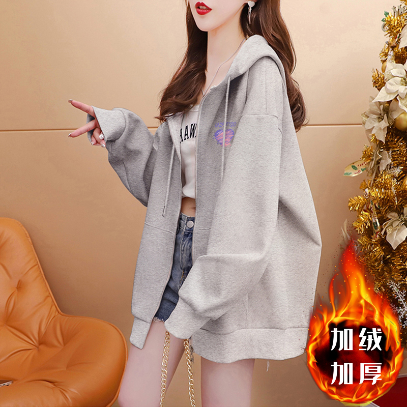 品質CVC華棉複合絨400克秋冬加絨加厚寬鬆連帽衛衣外套女