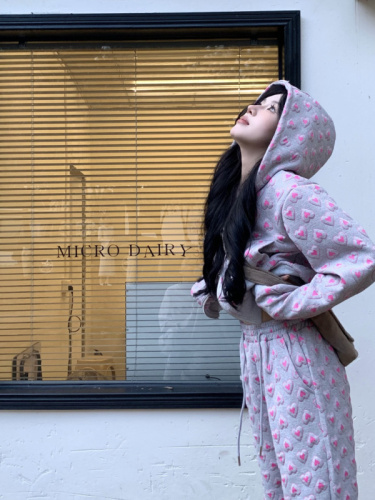 Real shot ~ Lazy weekend Japanese three-dimensional jacquard love Y2K hooded jacket hot girl slimming bell pants