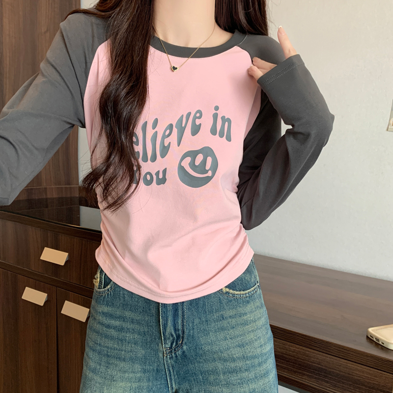 實拍美式印花撞色純棉t恤女秋季設計感褶皺收腰長袖短款上衣