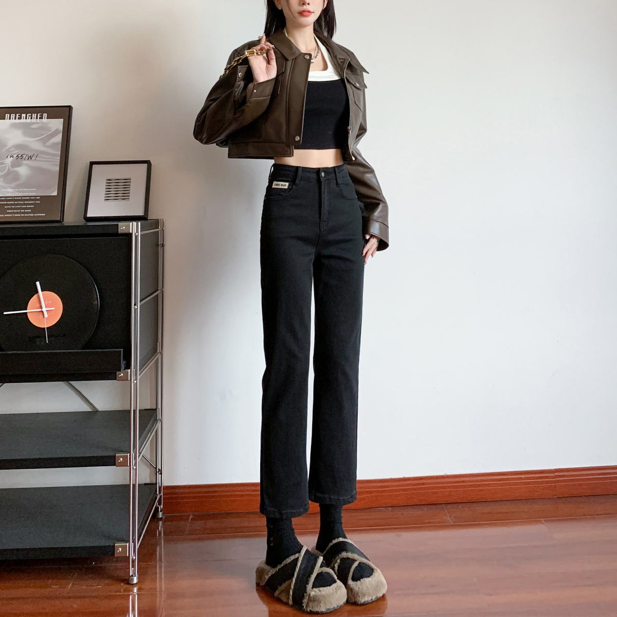 實拍2023秋季時尚高腰顯瘦直筒牛仔褲女新款法棍褲九分煙管褲