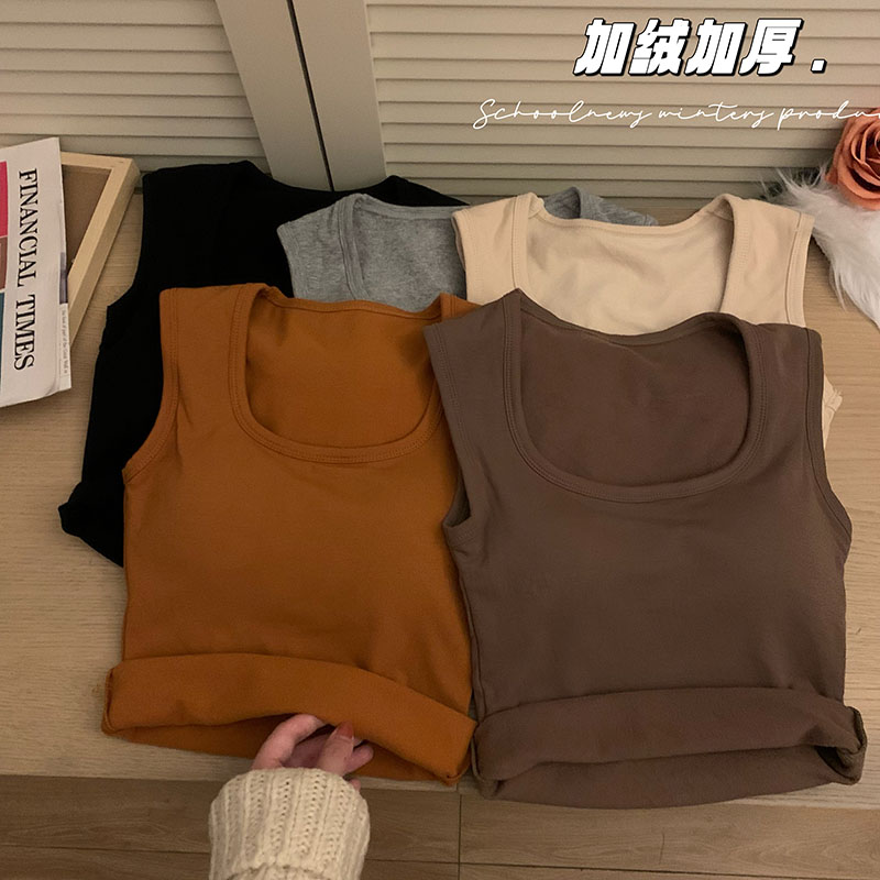 實拍 加絨加厚保暖吊帶美拉德方領背心內搭打底衫帶胸墊上衣