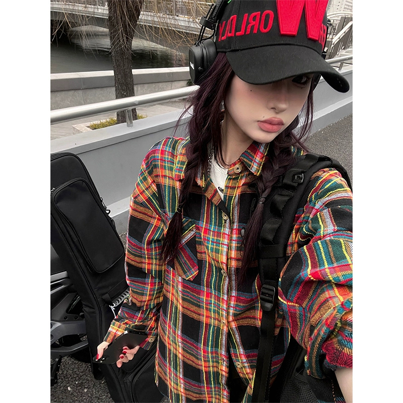 Cotton Japanese retro plaid shirt for women in autumn loose contrasting color mid-length long-sleeved shirt oversize jacket