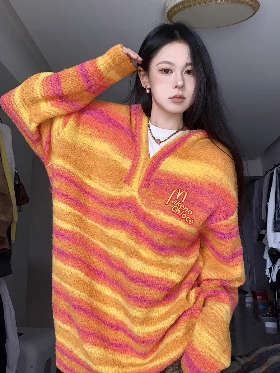 BabyStudios 美式復古混色連帽毛衣女秋季條紋刺繡針織衫寬鬆上衣
