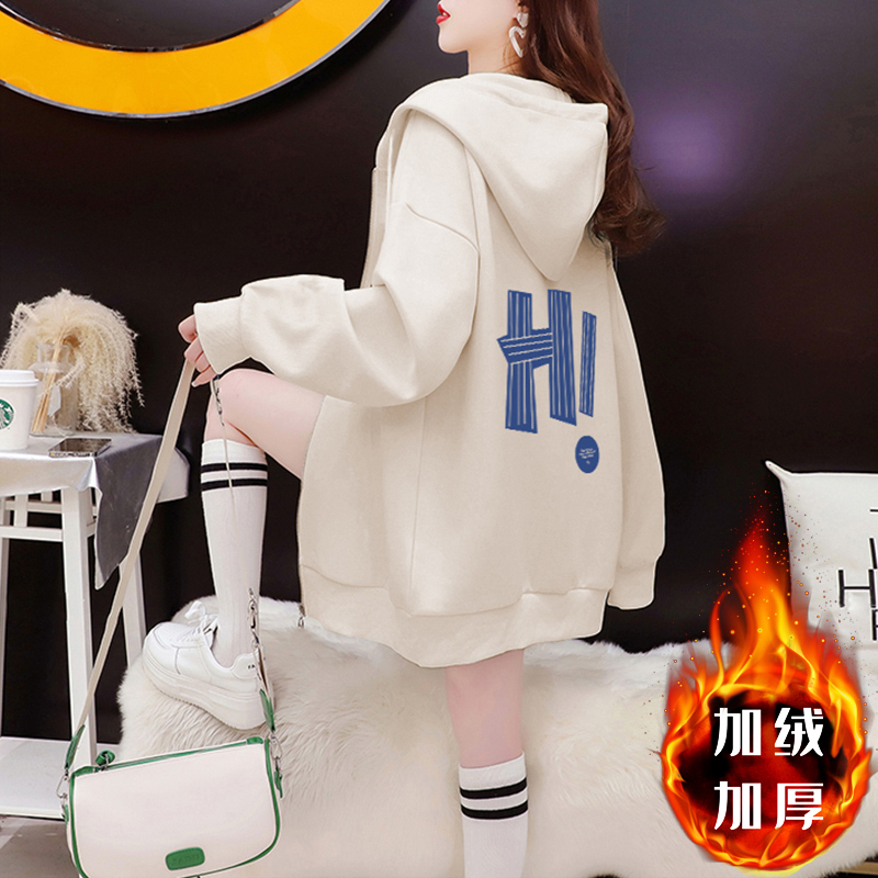 好質量CVC華棉複合絨400克秋冬季加絨加厚印花連帽衛衣外套女