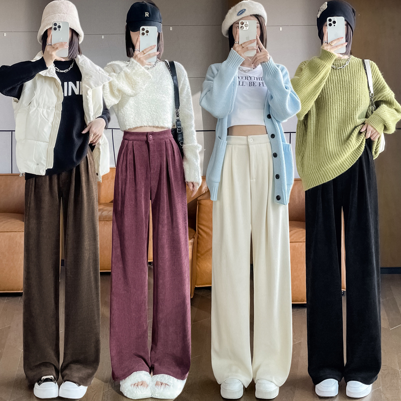 Real shot of chenille wide-leg pants for women 2023 autumn and winter new European cotton velvet high-waist drape corduroy floor-length trousers