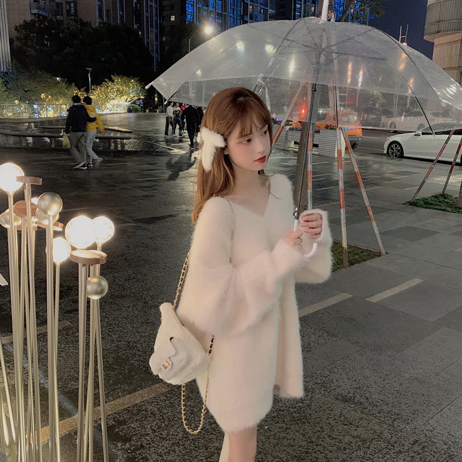 2023女寬鬆外穿秋冬季新款中長款套頭水貂絨甜美毛衣裙好質量