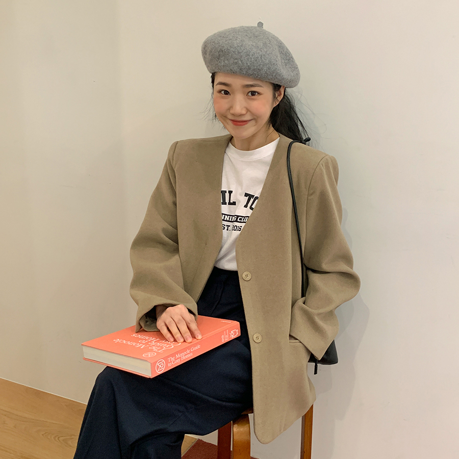 簡約純色復古V領毛呢外套顯瘦百搭無領呢子西裝