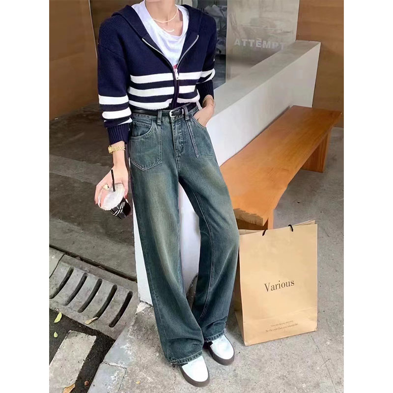 ！高腰復古闊腿牛仔褲女2023秋冬韓版寬鬆窄版直筒拖地褲