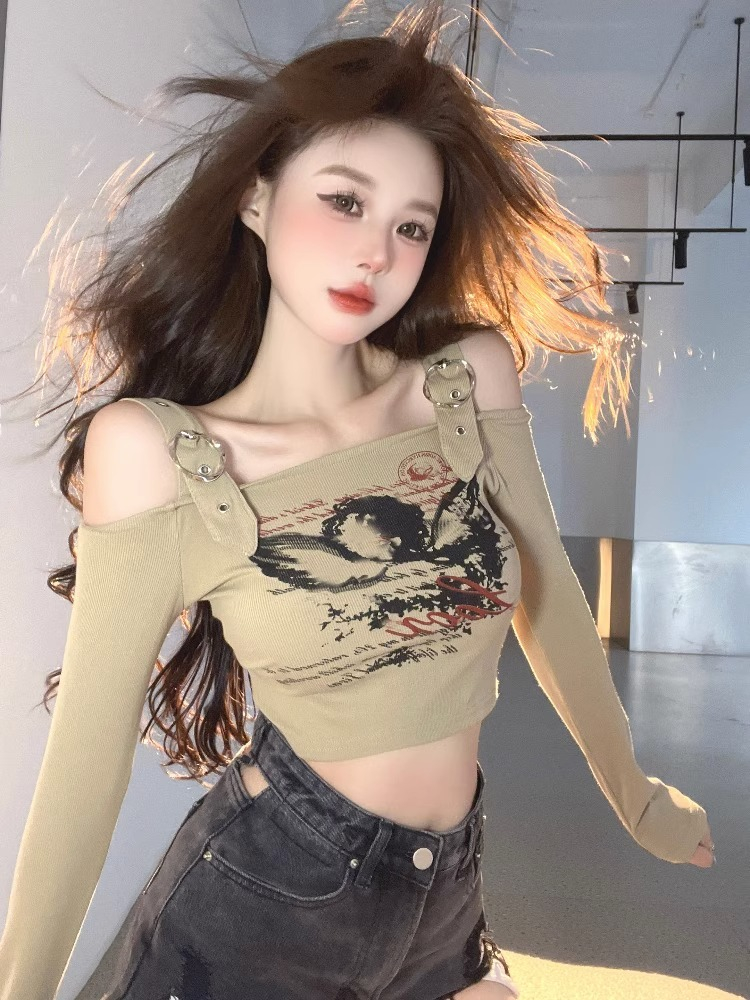 American retro printed long-sleeved t-shirt for women in autumn pure desire hottie slim design niche off-shoulder top