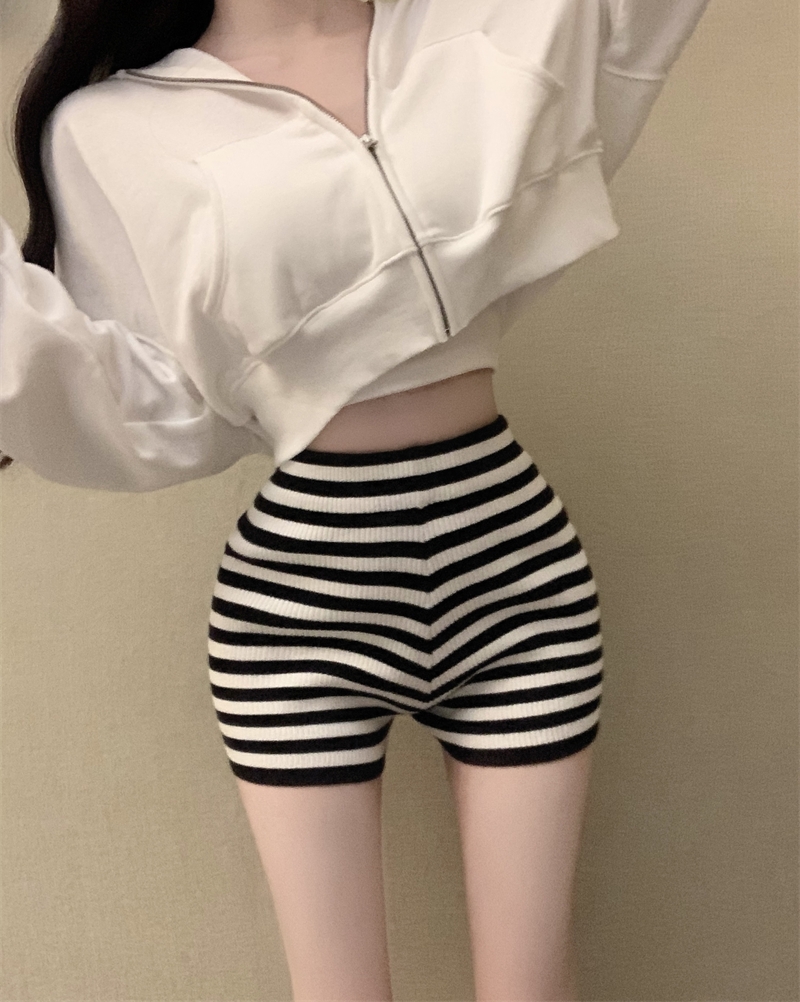 實拍 秋季純欲辣妹復古chic條紋撞色洋氣針織休閒短褲子女