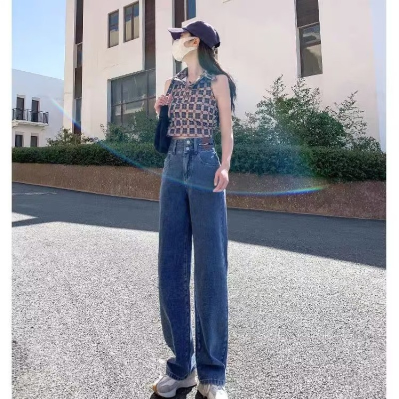 牛仔褲女直筒寬鬆高腰春秋季2023年新款小個子拖地窄版闊腿褲