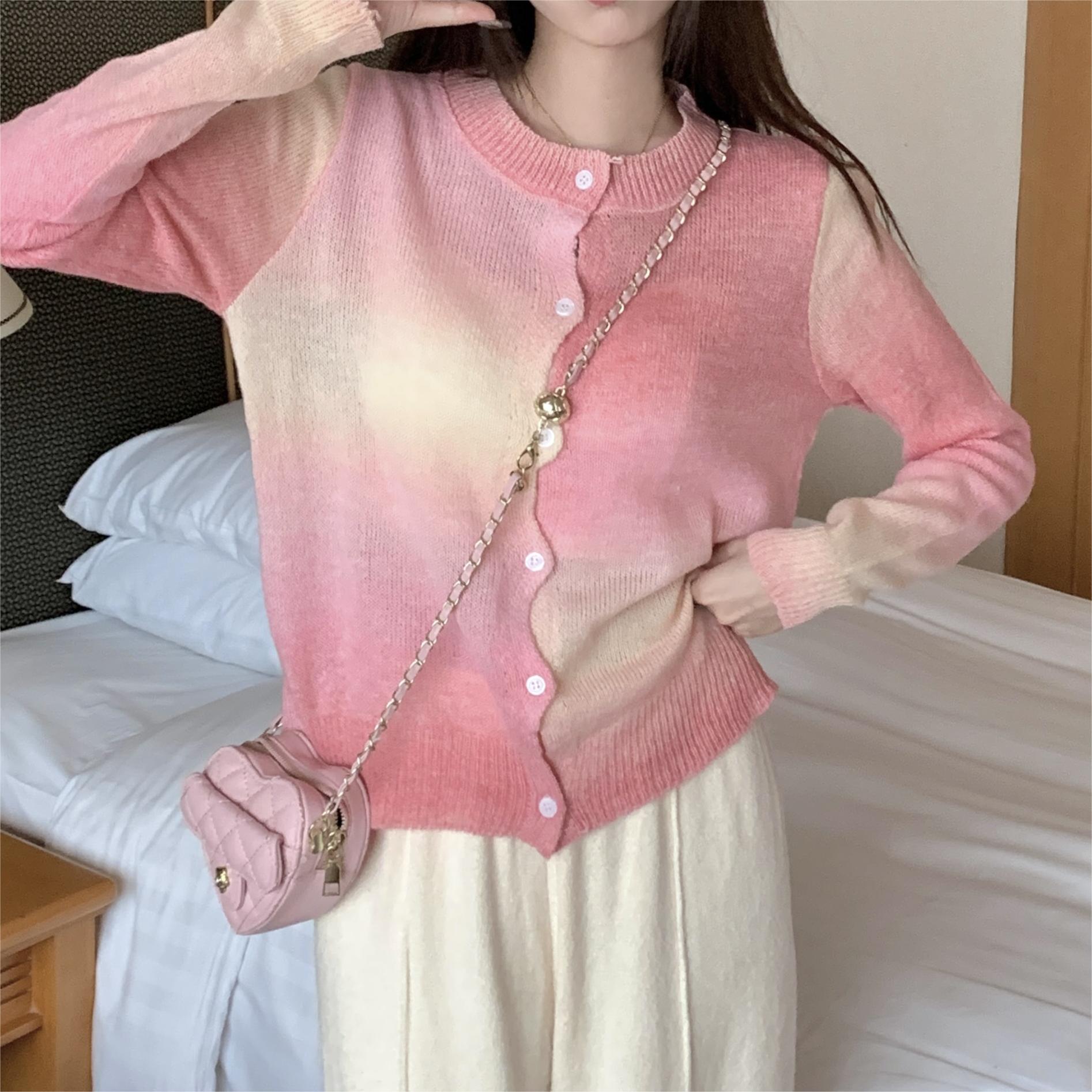 實拍 溫柔風漸變粉色針織開衫甜美減齡小個子毛衣