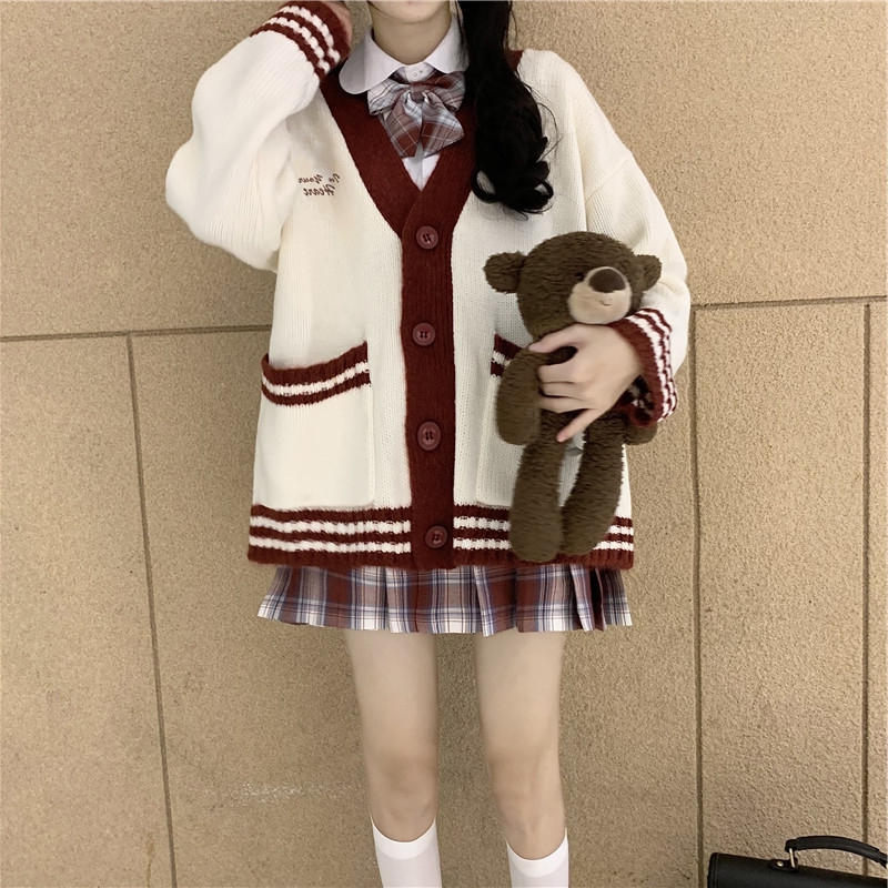 jk學院風日系撞色百搭針織開衫外套女2023秋冬寬鬆外穿慵懶風毛衣