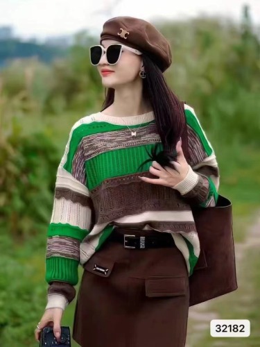 Autumn new Korean style hollow contrasting color splicing striped sweater autumn and winter casual age-reducing sweater long-sleeved top for women