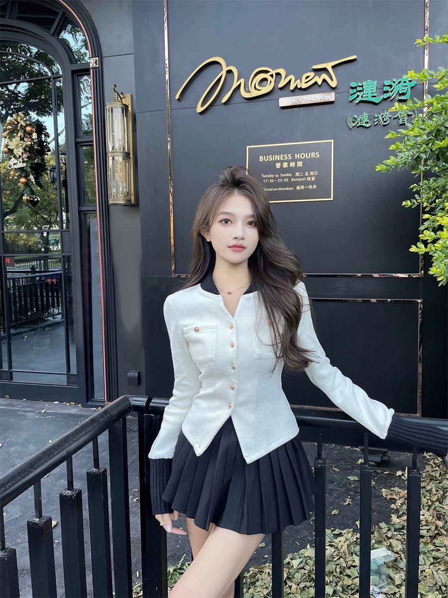 套裝女春秋新款修身氣質撞色外套高腰顯瘦百褶裙甜辣小香風兩件套